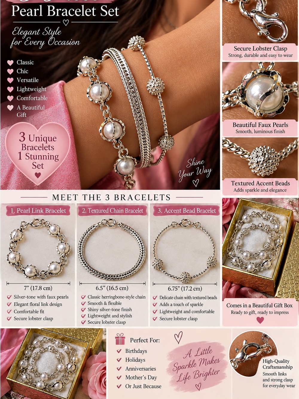 Pearl Bracelet Set - Silver Faux Pearl 3-Pack